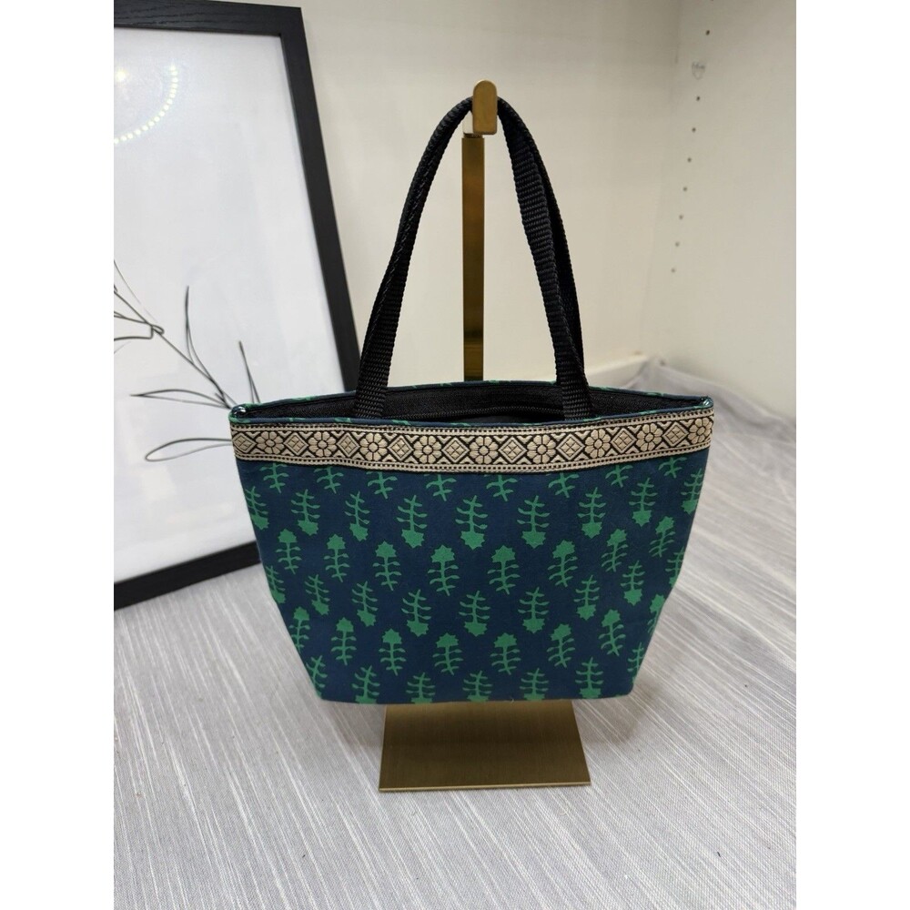 Mini Fashion Bag Green Print Navy Gold Trim Accessory Unique Sm Purse